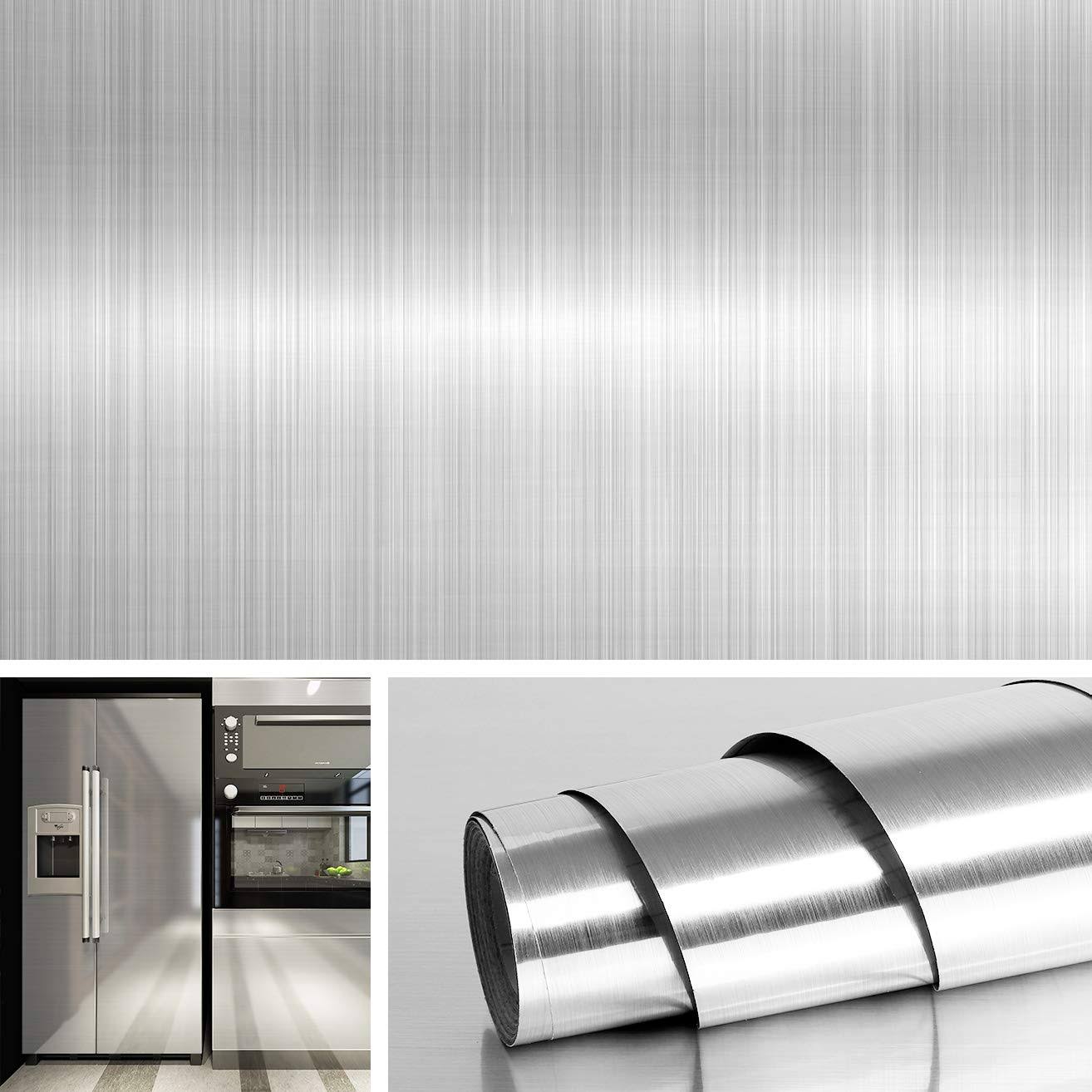 Livelynine 15.8x197 Silver Contact Paper Peel and Stick Stainless Steel Wrap for Appliances Adhesive Vinyl Kitchen Wallpaper Peel and Stick