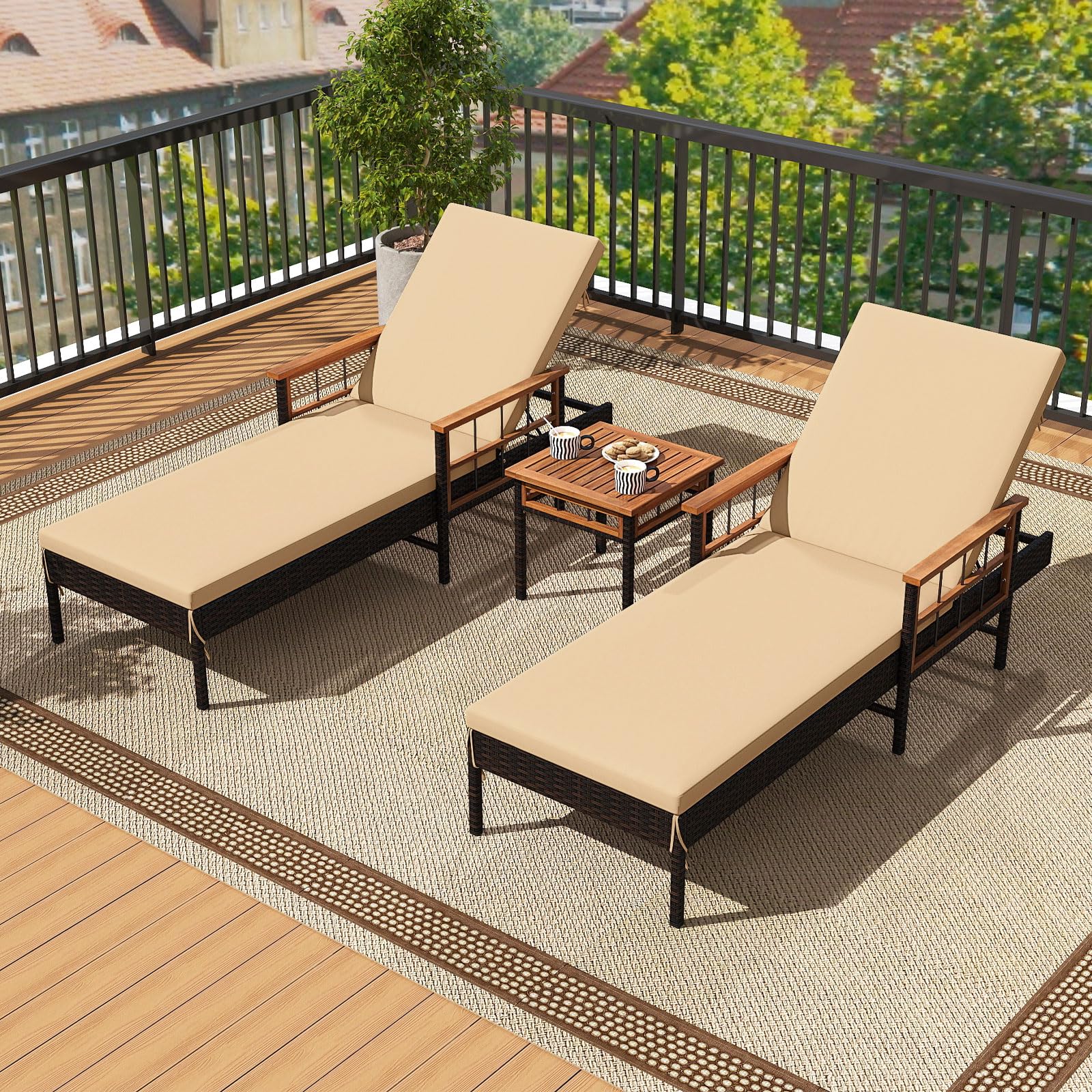 Tangkula 3 Pieces Patio Chaise Lounge Set 2 Rattan Lounge Chairs Side Table