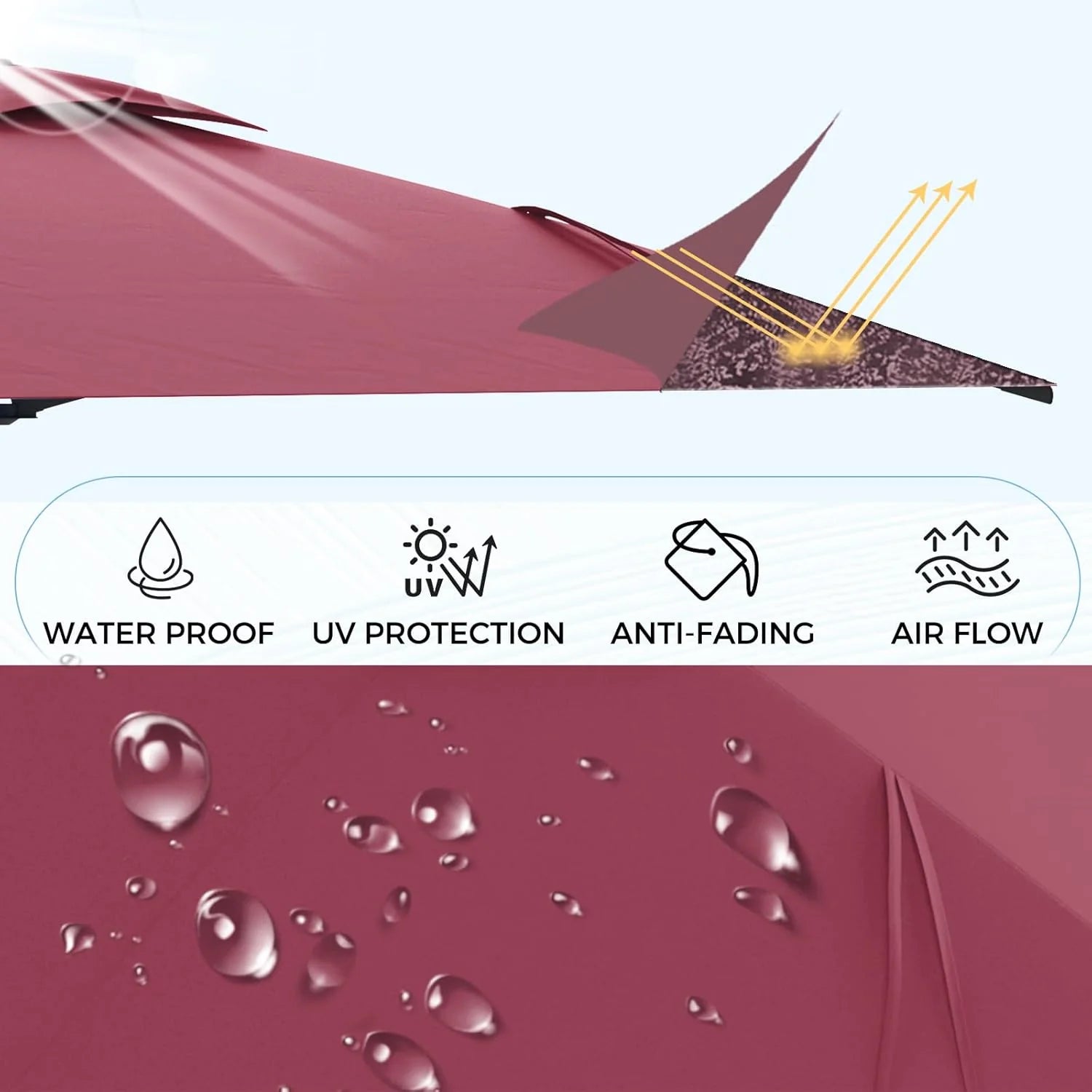 AECOJOY 10FT Large Patio Umbrella with Solar Lights, Rectangle Wall Mounted Outdoor Patio Umbrella, Red