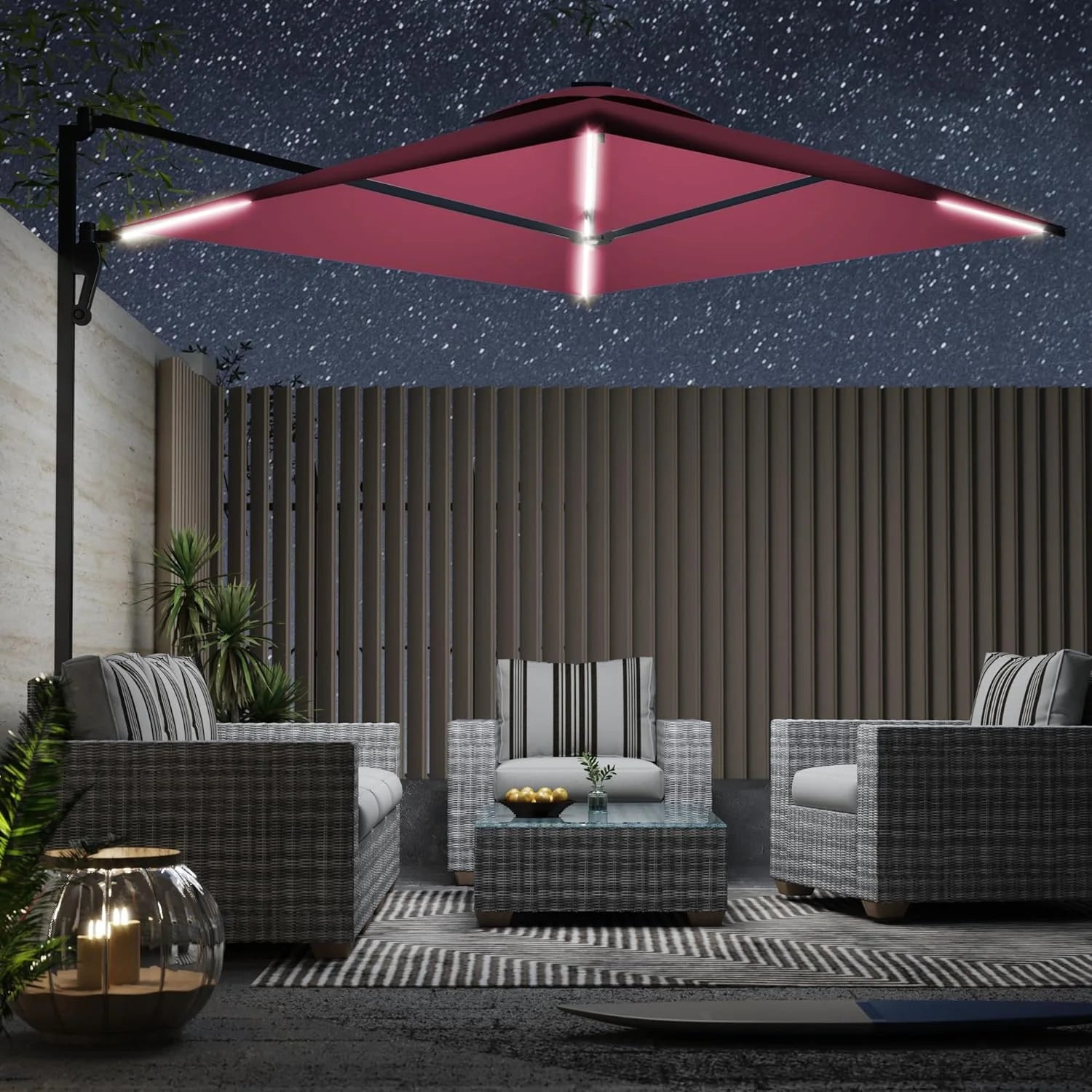 AECOJOY 10FT Large Patio Umbrella with Solar Lights, Rectangle Wall Mounted Outdoor Patio Umbrella, Red