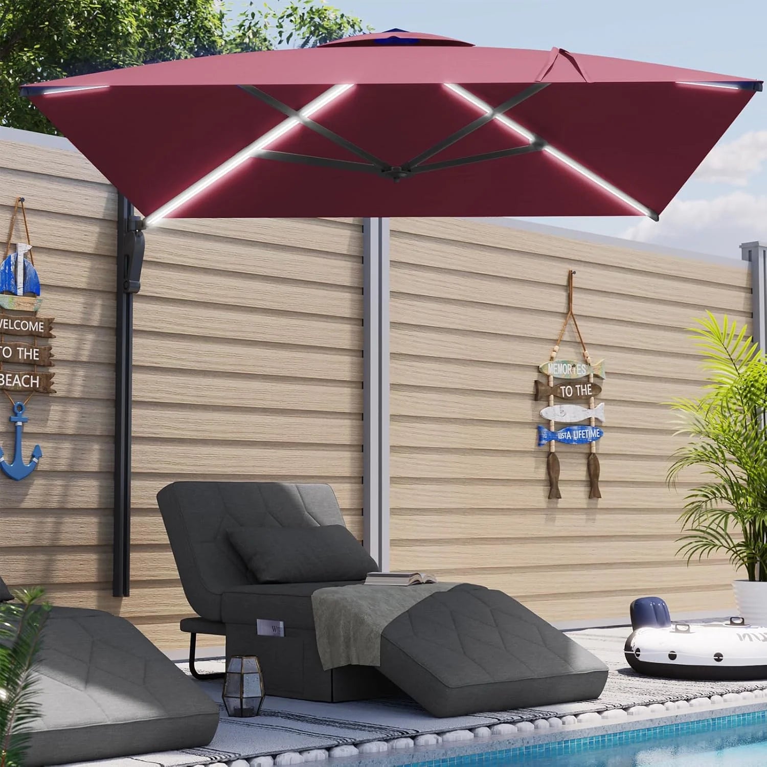 AECOJOY 10FT Large Patio Umbrella with Solar Lights, Rectangle Wall Mounted Outdoor Patio Umbrella, Red