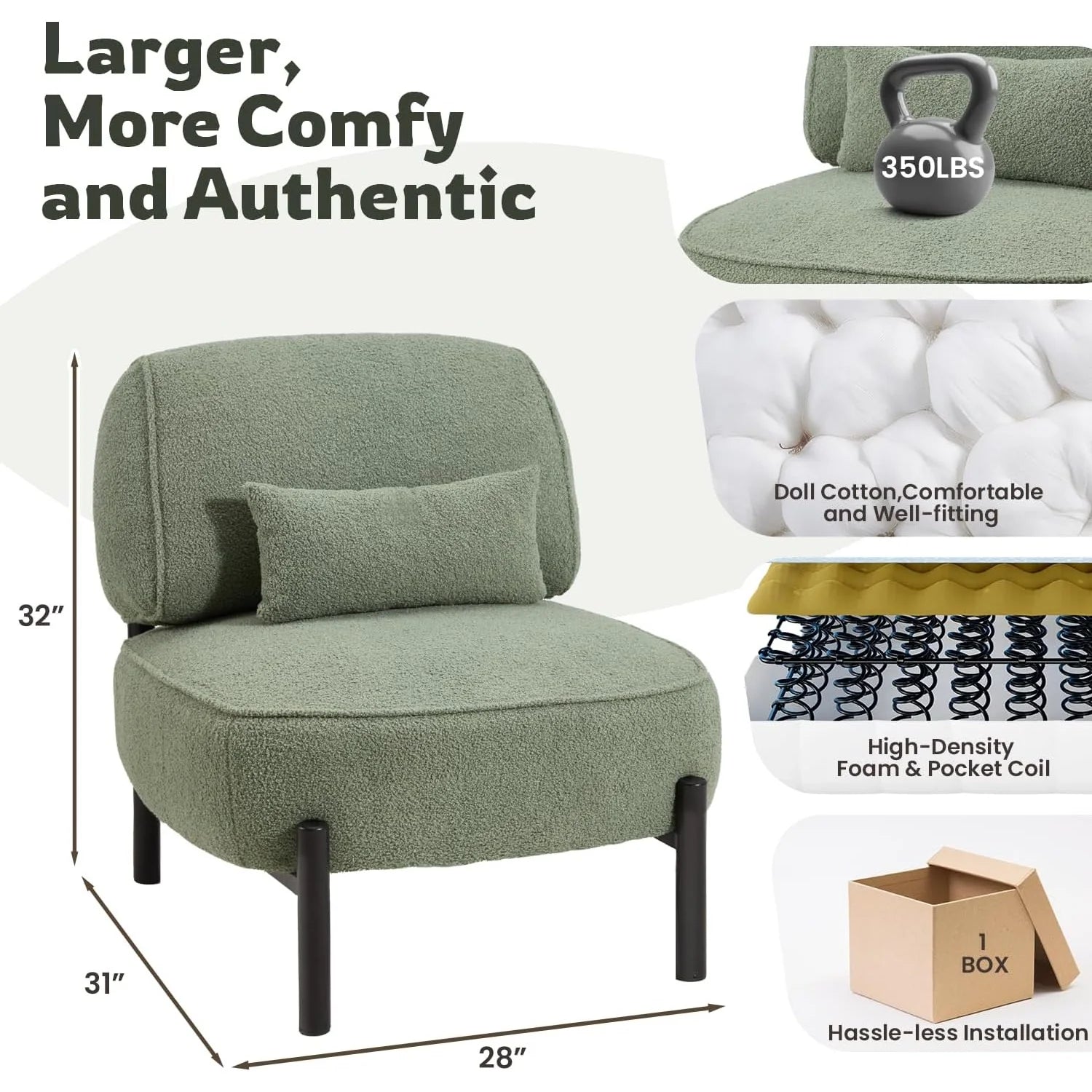 AECOJOY Mid Century Modern Accent Chair, Extra Large Teddy Upholstered Lounge Chair with Pillow